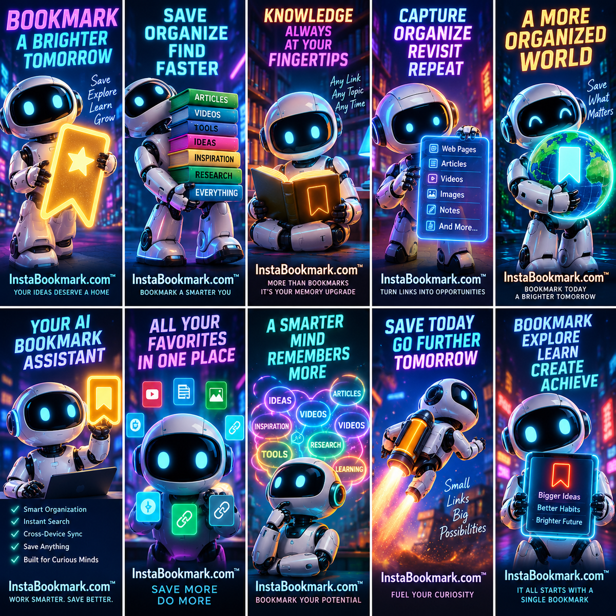 A robot guide to a brighter tomorrow: a collage of friendly robot characters organizing and discovering bookmarks, branded InstaBookmark.com.
