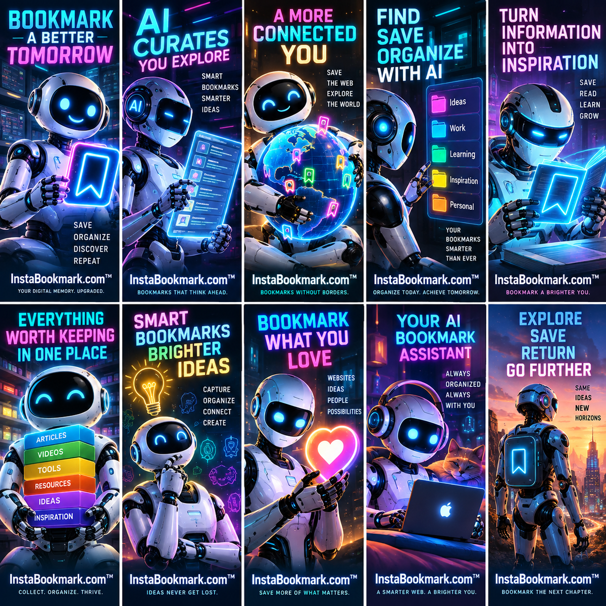 AI curators and brighter bookmarks: a collage of friendly robot characters organizing and discovering bookmarks, branded InstaBookmark.com.