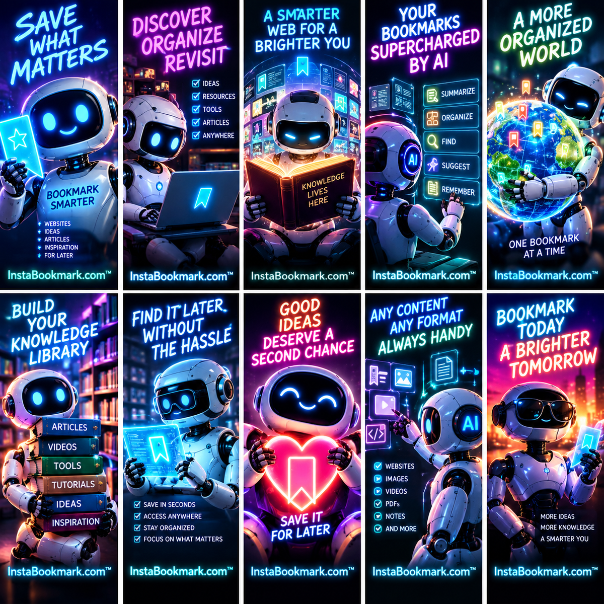 Bookmarks supercharged by AI: a collage of friendly robot characters organizing and discovering bookmarks, branded InstaBookmark.com.