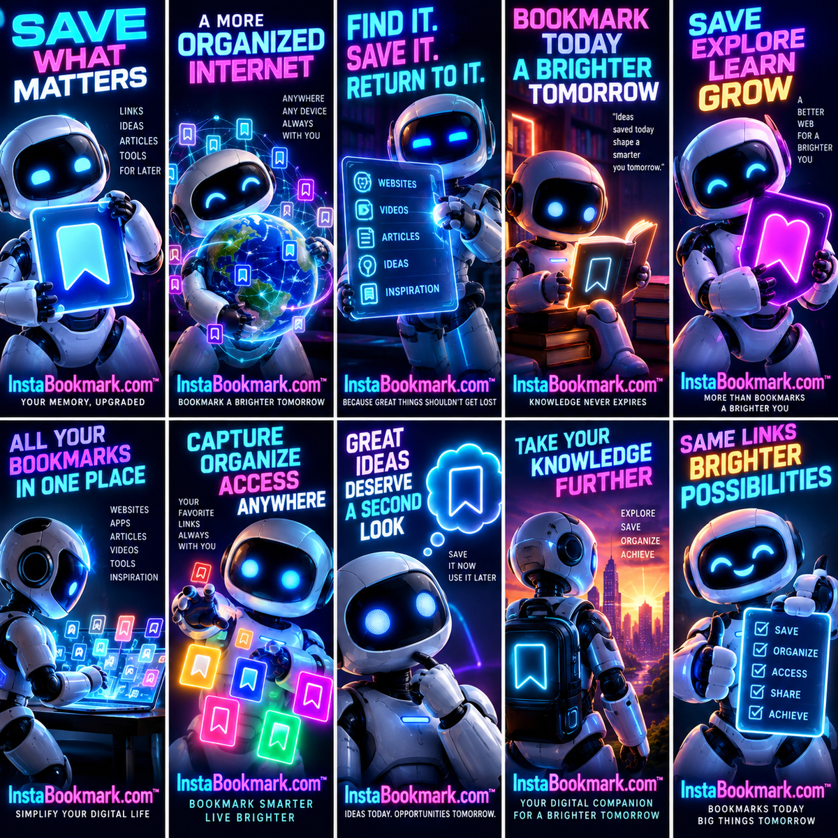 Robot companions for great ideas: a collage of friendly robot characters organizing and discovering bookmarks, branded InstaBookmark.com.