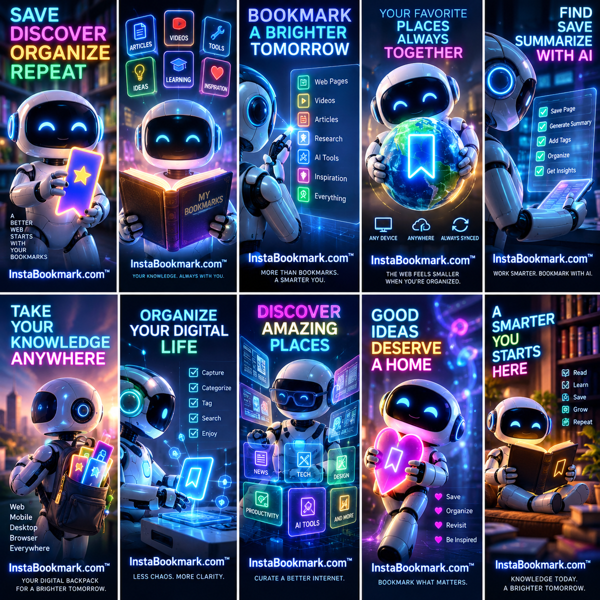 Robots discover and organize: a collage of friendly robot characters organizing and discovering bookmarks, branded InstaBookmark.com.