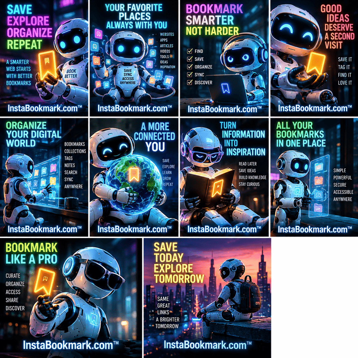 Save, explore, organize with robots: a collage of friendly robot characters organizing and discovering bookmarks, branded InstaBookmark.com.
