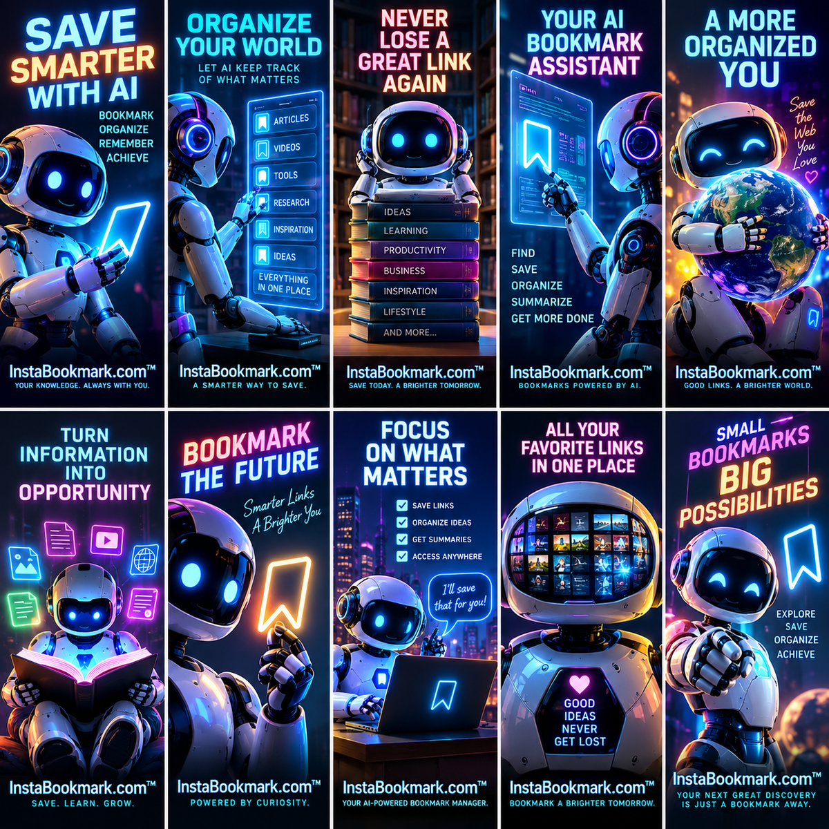 Save smarter with AI: a collage of friendly robot characters organizing and discovering bookmarks, branded InstaBookmark.com.