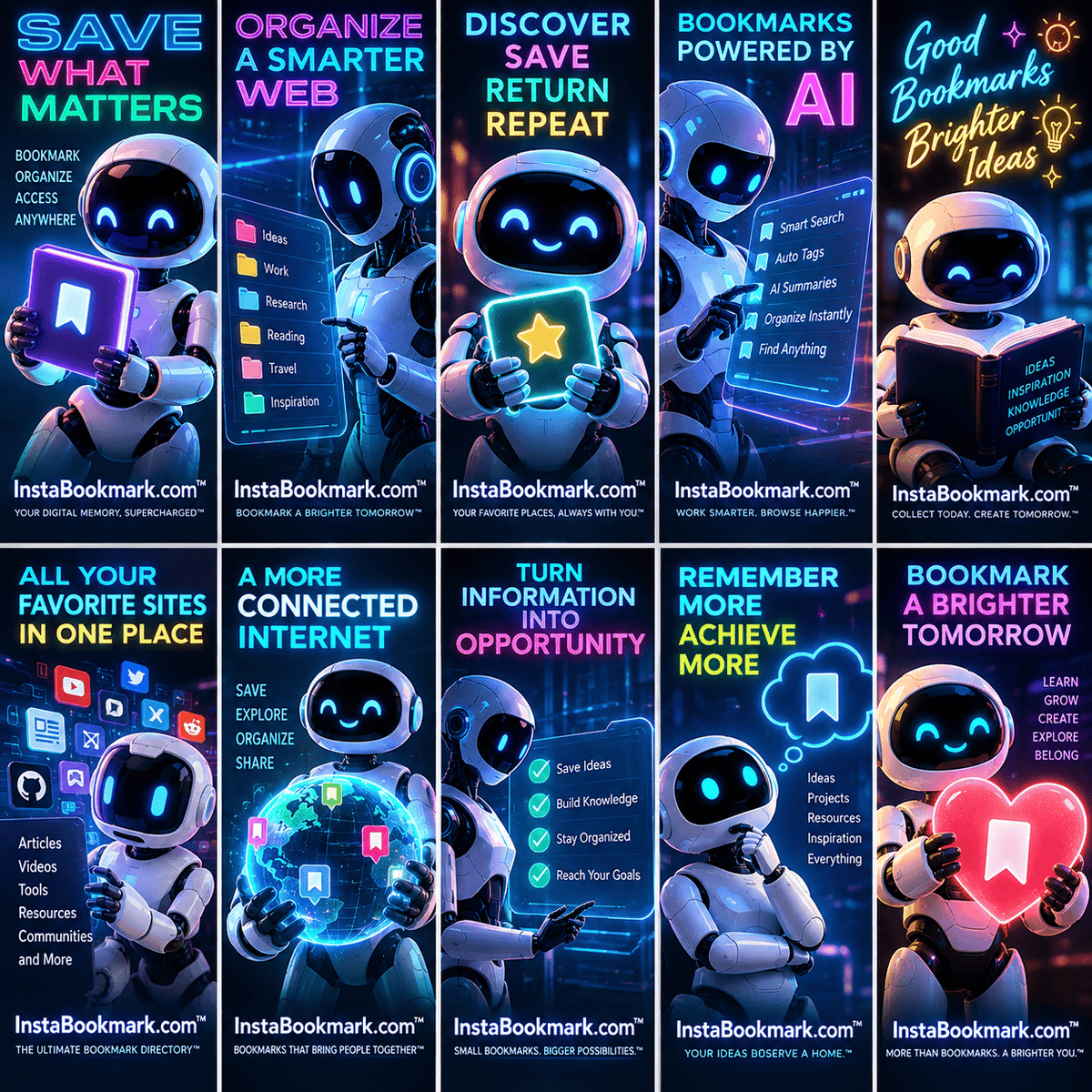 Smart robots, colorful collections: a collage of friendly robot characters organizing and discovering bookmarks, branded InstaBookmark.com.