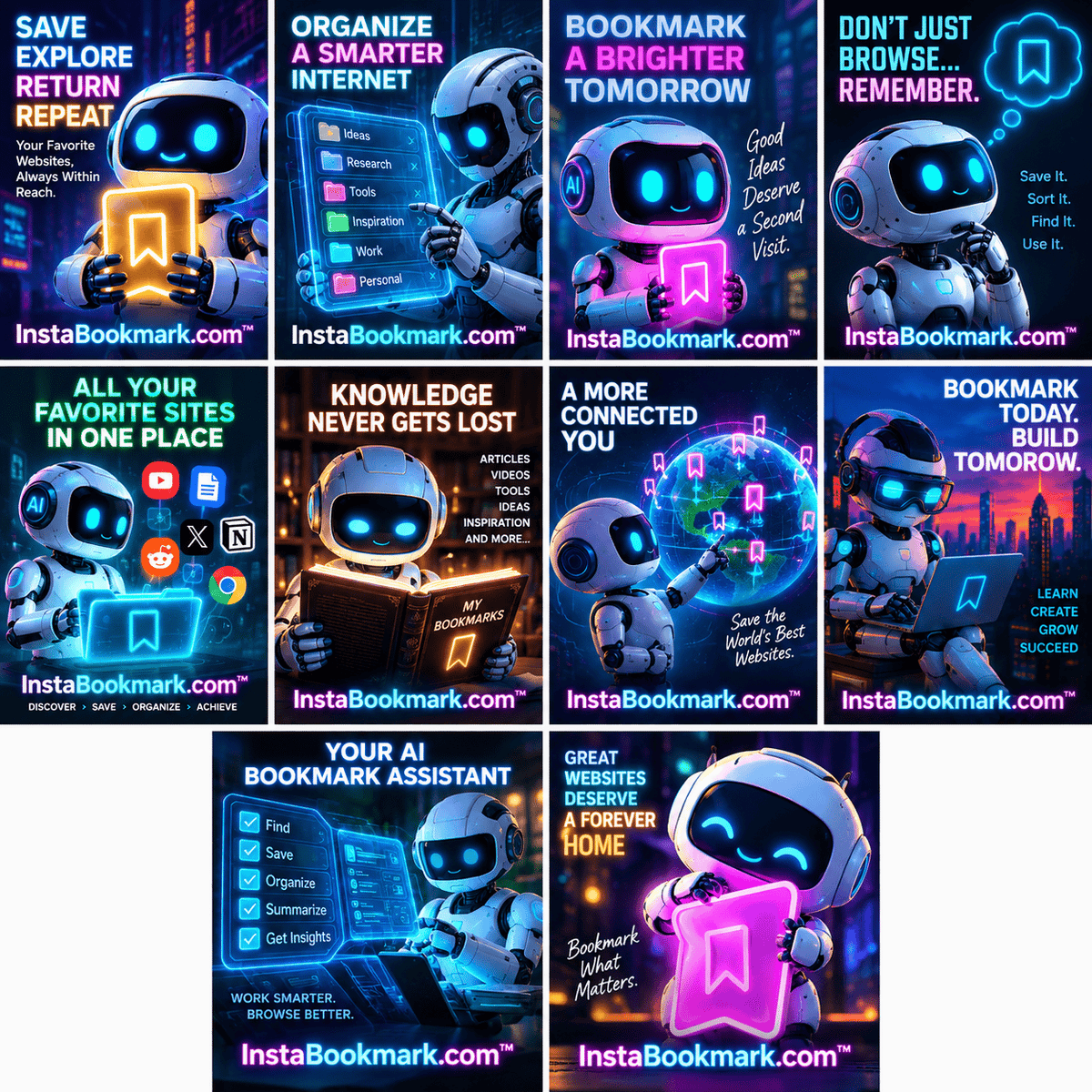 Your AI bookmark assistant: a collage of friendly robot characters organizing and discovering bookmarks, branded InstaBookmark.com.