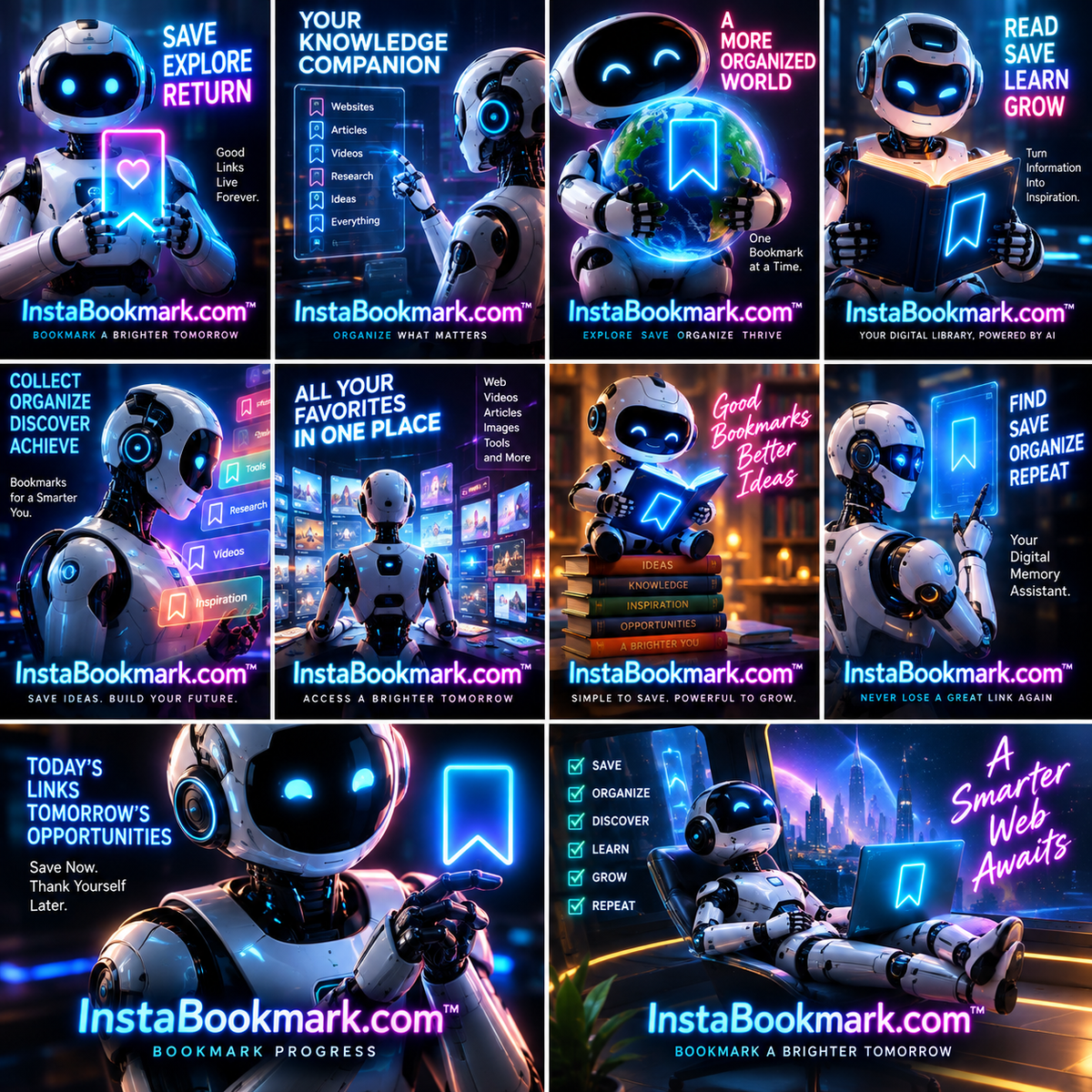 Your knowledge companion: a collage of friendly robot characters organizing and discovering bookmarks, branded InstaBookmark.com.