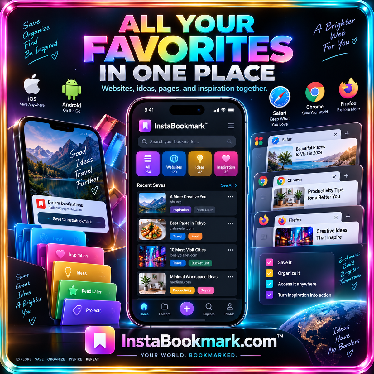 All your favorites in one place: bookmarking interfaces on phones and browsers inside a neon metallic frame, branded InstaBookmark.com.