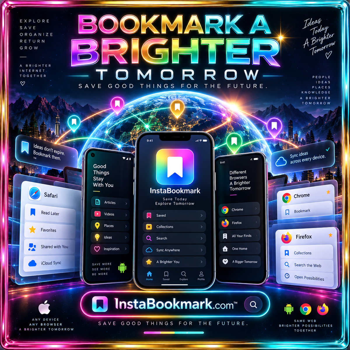 Bookmark a brighter tomorrow: bookmarking interfaces on phones and browsers inside a neon metallic frame, branded InstaBookmark.com.