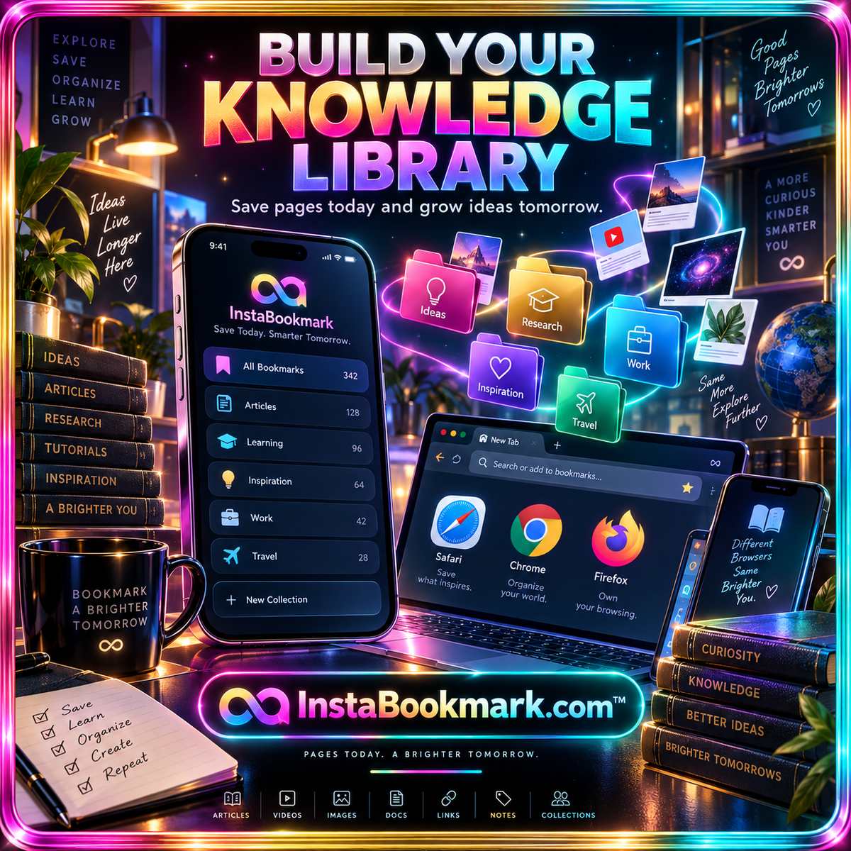 Build your knowledge library: bookmarking interfaces on phones and browsers inside a neon metallic frame, branded InstaBookmark.com.