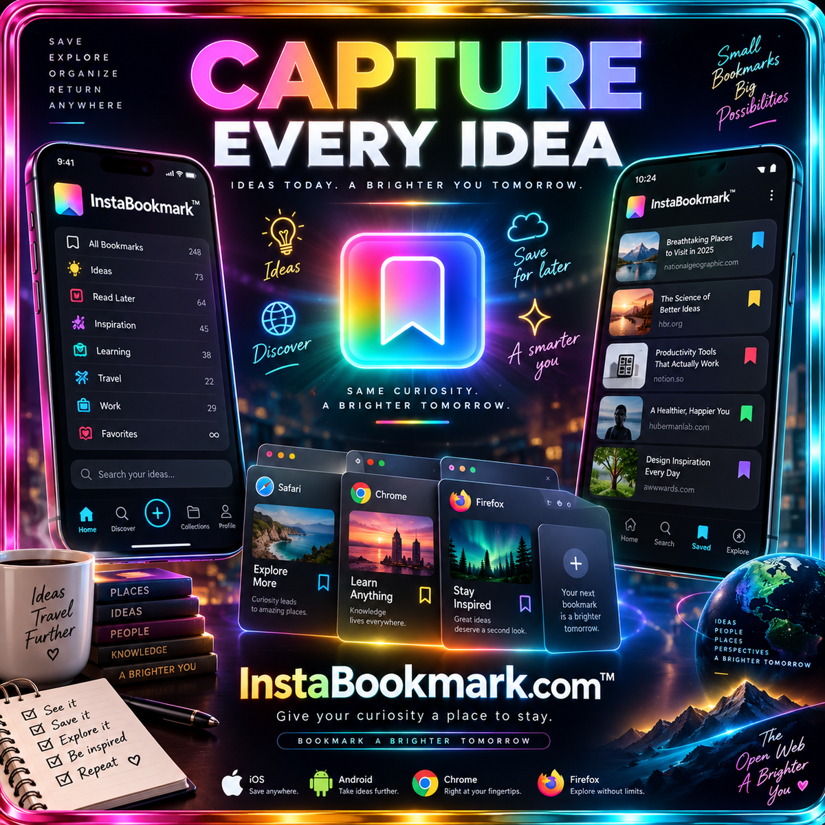 Capture every idea: bookmarking interfaces on phones and browsers inside a neon metallic frame, branded InstaBookmark.com.