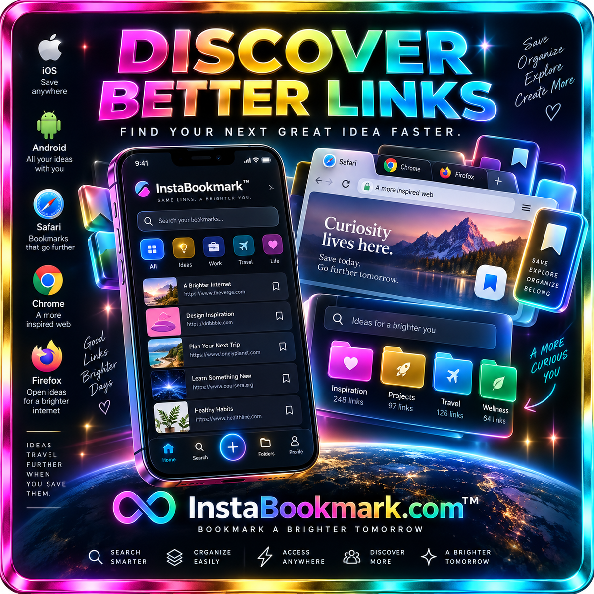 Discover better links: bookmarking interfaces on phones and browsers inside a neon metallic frame, branded InstaBookmark.com.
