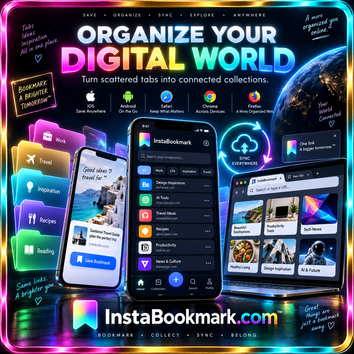 Organize your digital world: bookmarking interfaces on phones and browsers inside a neon metallic frame, branded InstaBookmark.com.