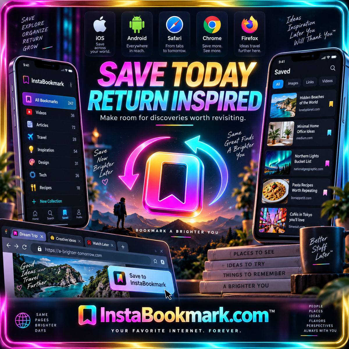 Save today, return inspired: bookmarking interfaces on phones and browsers inside a neon metallic frame, branded InstaBookmark.com.