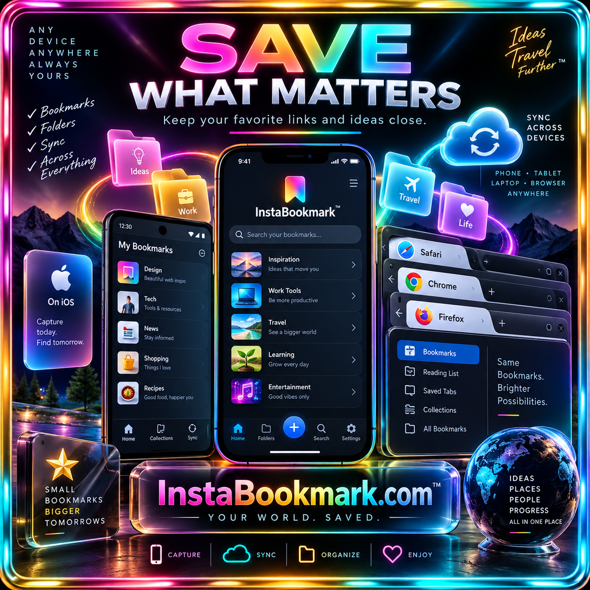 Save what matters: bookmarking interfaces on phones and browsers inside a neon metallic frame, branded InstaBookmark.com.
