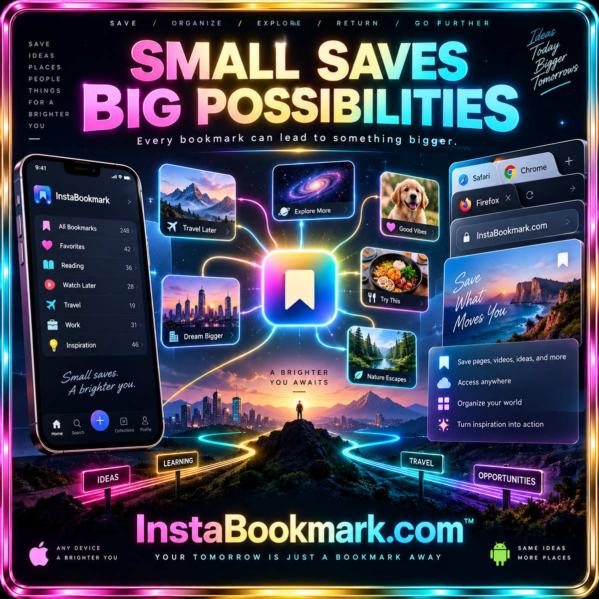 Small saves, big possibilities: bookmarking interfaces on phones and browsers inside a neon metallic frame, branded InstaBookmark.com.