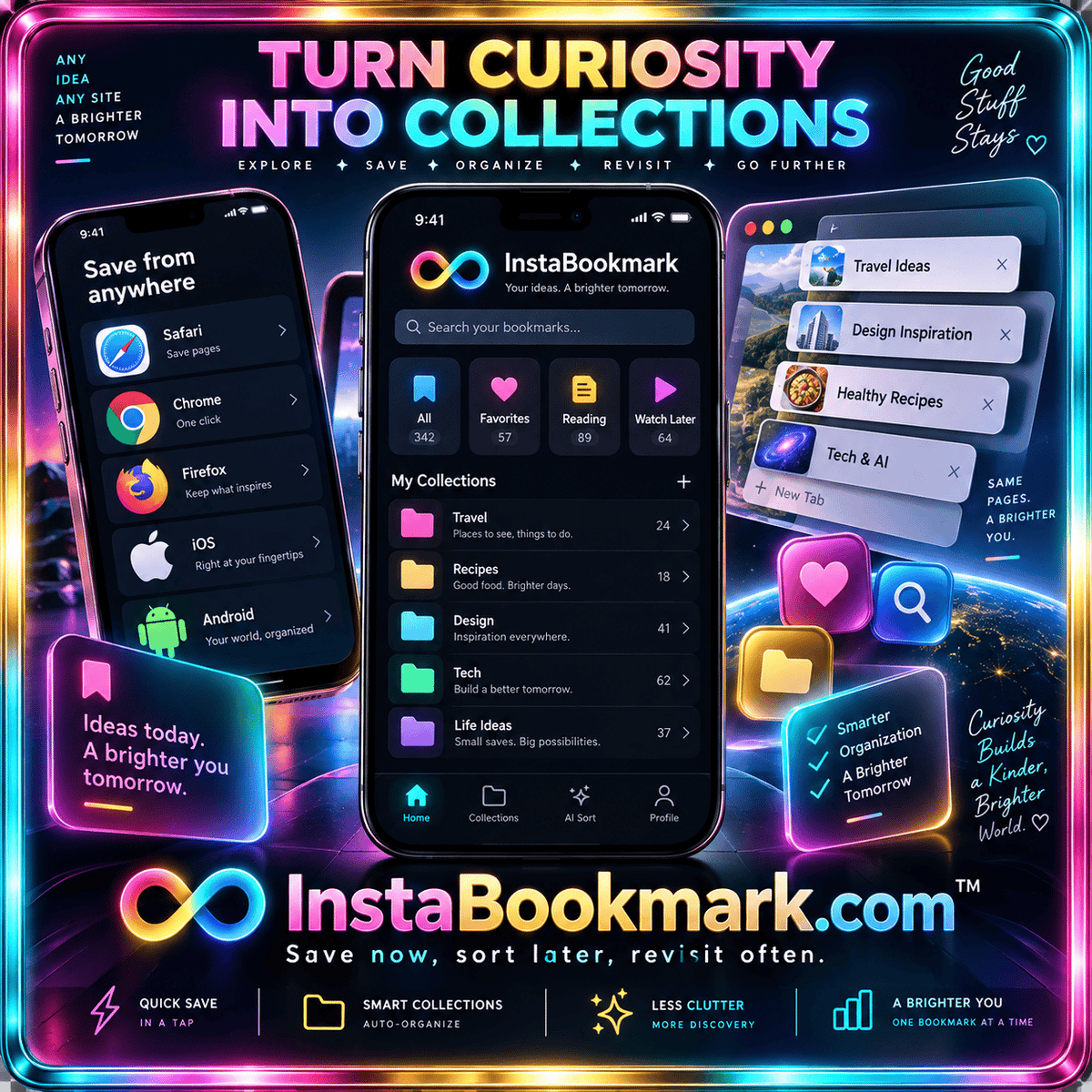 Turn curiosity into collections: bookmarking interfaces on phones and browsers inside a neon metallic frame, branded InstaBookmark.com.