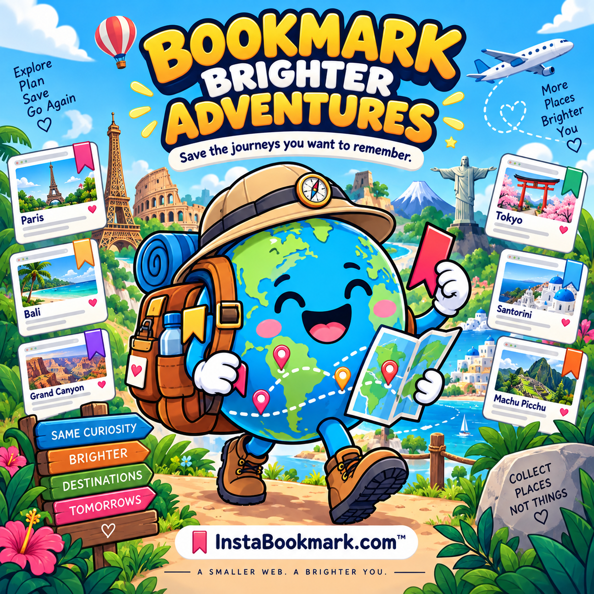 Bookmark brighter adventures: a cheerful illustrated globe surrounded by saved pages and colorful landmarks, branded InstaBookmark.com.