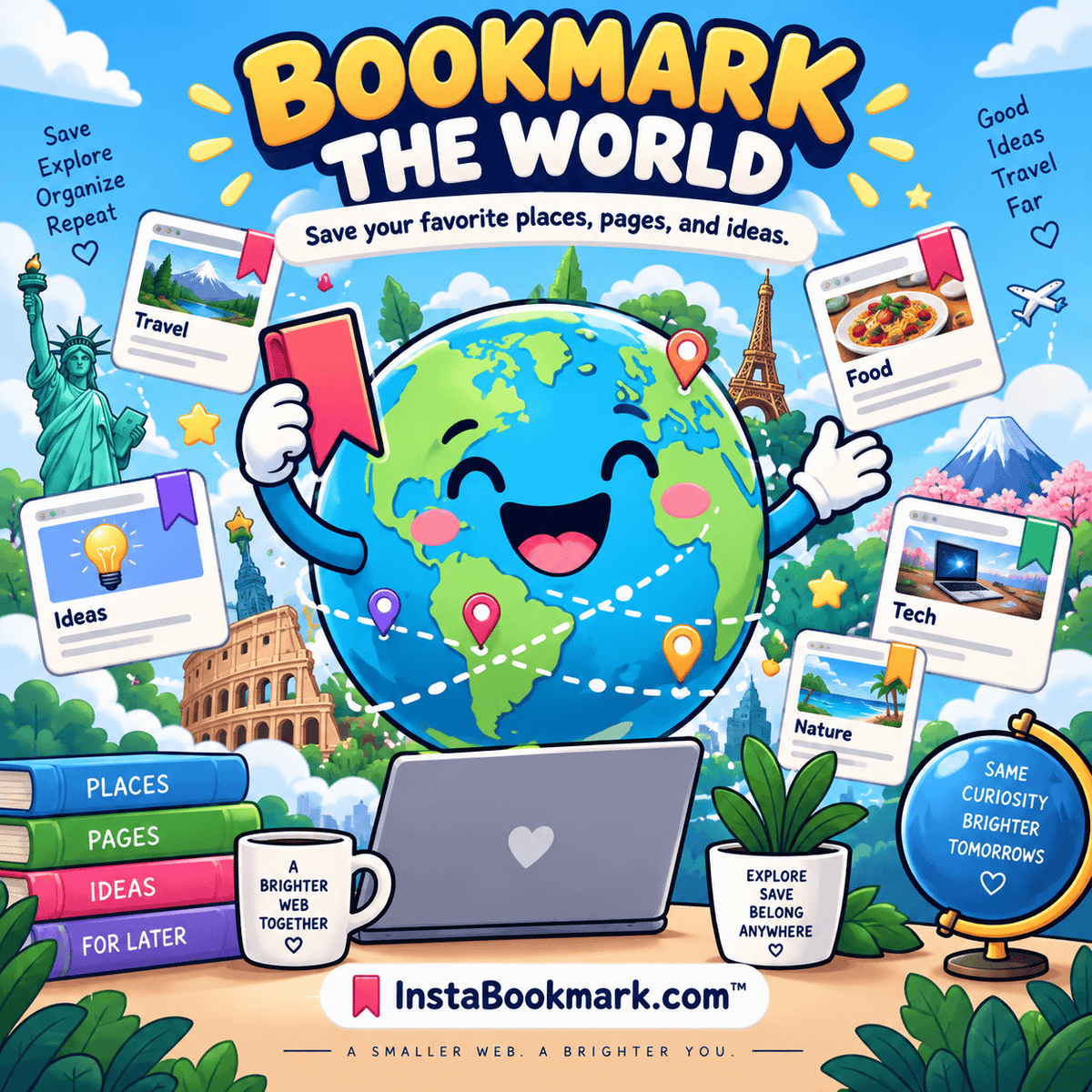 Bookmark the world: a cheerful illustrated globe surrounded by saved pages and colorful landmarks, branded InstaBookmark.com.