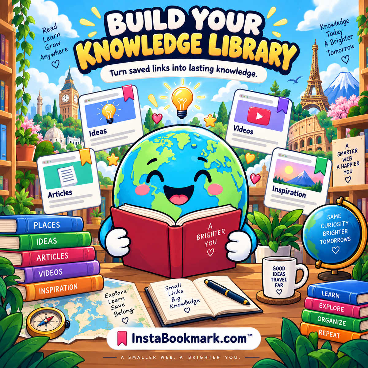 Build your knowledge library: a cheerful illustrated globe surrounded by saved pages and colorful landmarks, branded InstaBookmark.com.