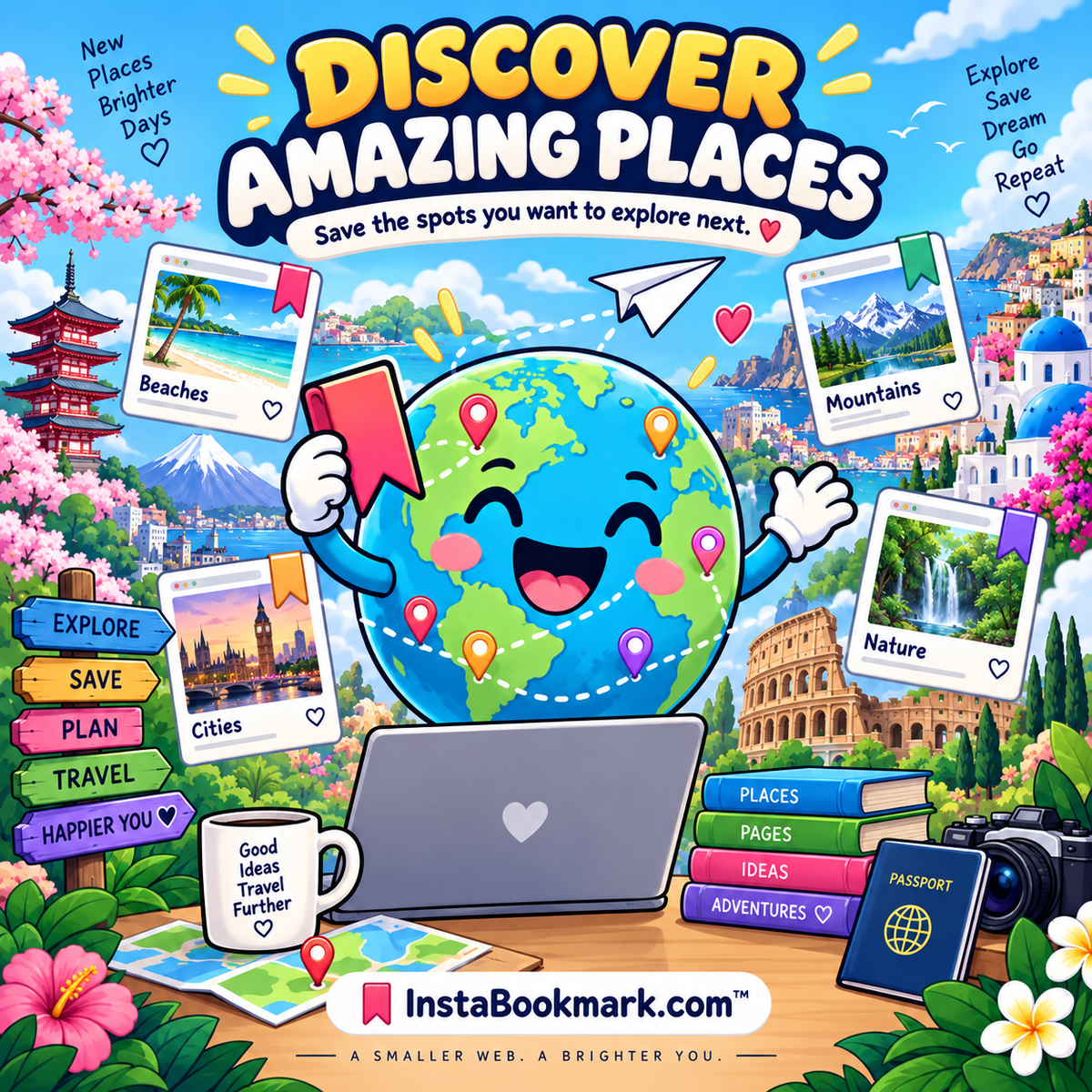 Discover amazing places: a cheerful illustrated globe surrounded by saved pages and colorful landmarks, branded InstaBookmark.com.