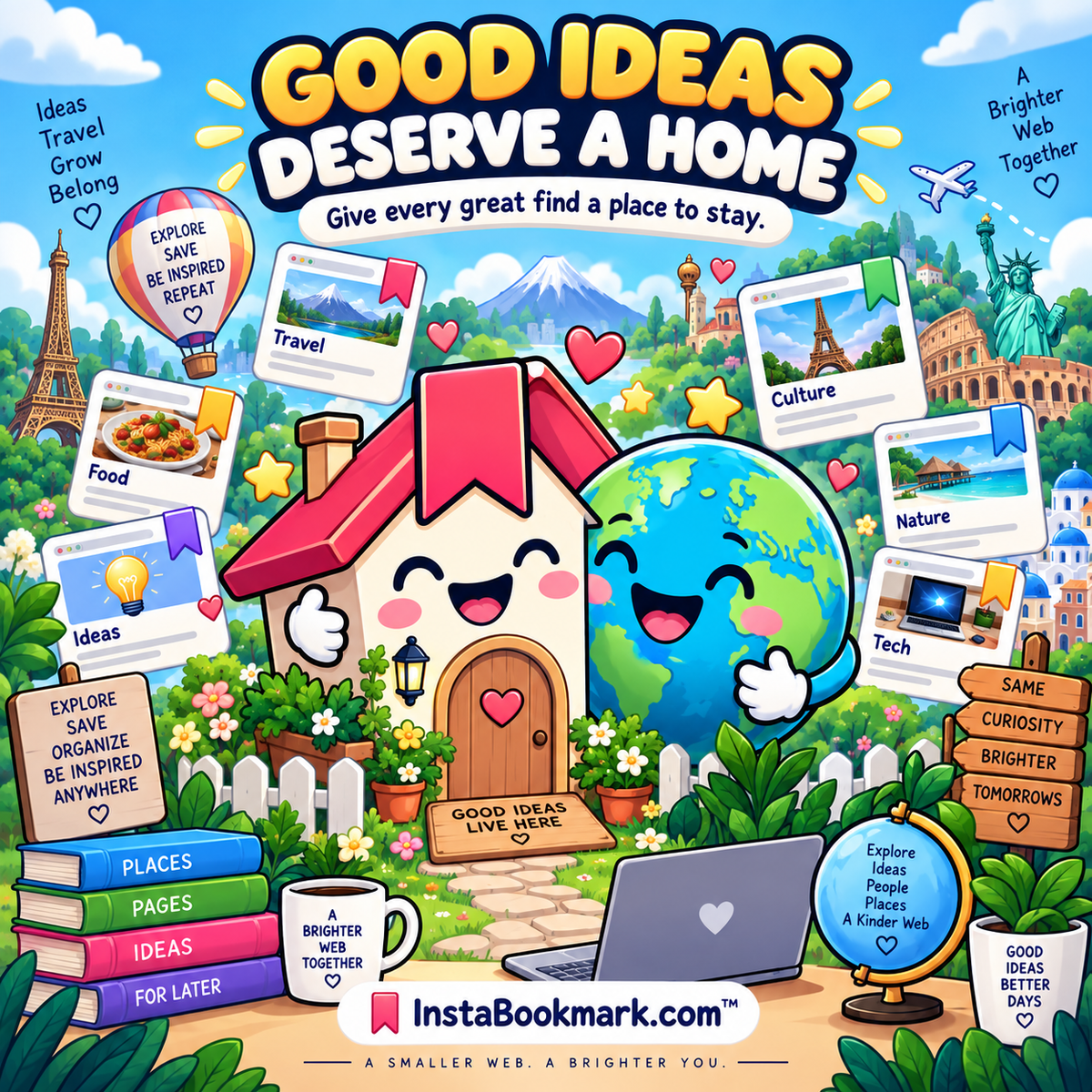 Good ideas deserve a home: a cheerful illustrated globe surrounded by saved pages and colorful landmarks, branded InstaBookmark.com.