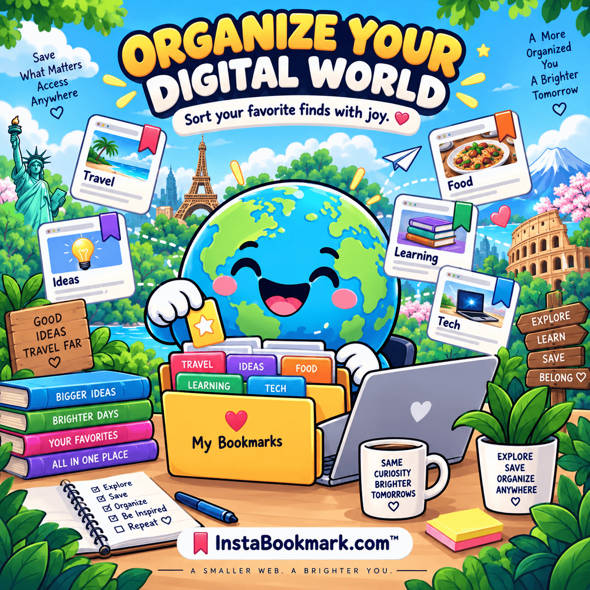 Organize your digital world: a cheerful illustrated globe surrounded by saved pages and colorful landmarks, branded InstaBookmark.com.