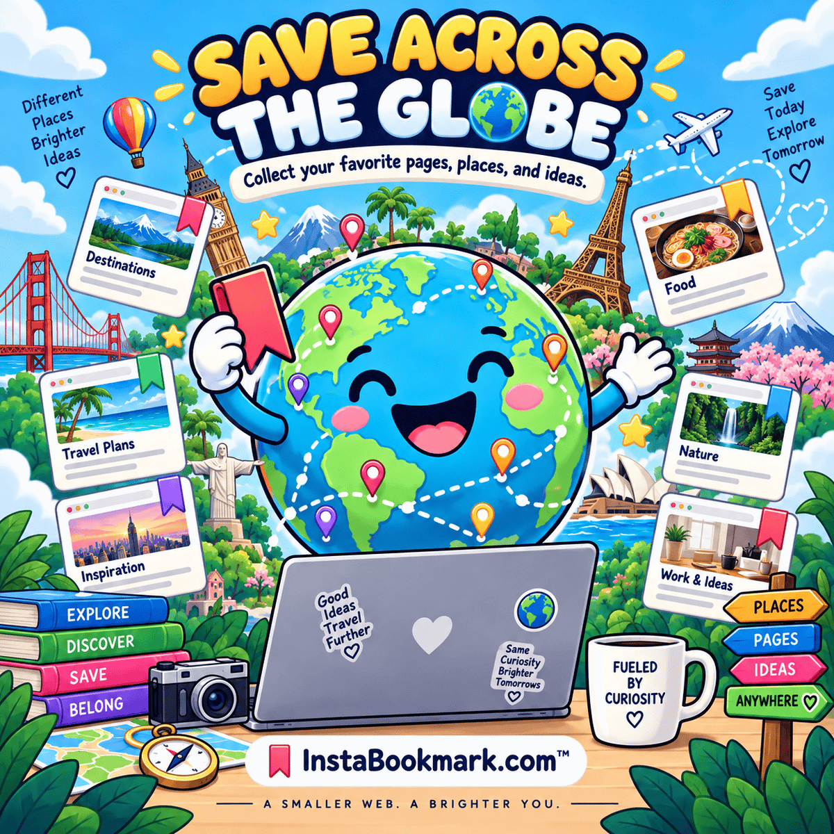 Save across the globe: a cheerful illustrated globe surrounded by saved pages and colorful landmarks, branded InstaBookmark.com.