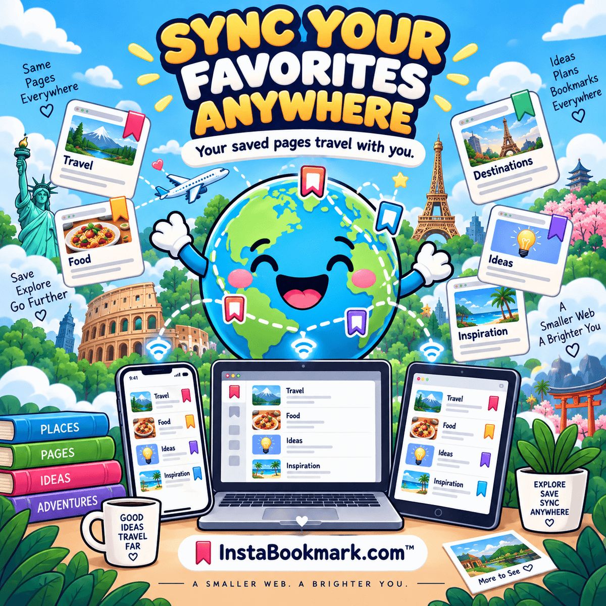 Sync your favorites anywhere: a cheerful illustrated globe surrounded by saved pages and colorful landmarks, branded InstaBookmark.com.