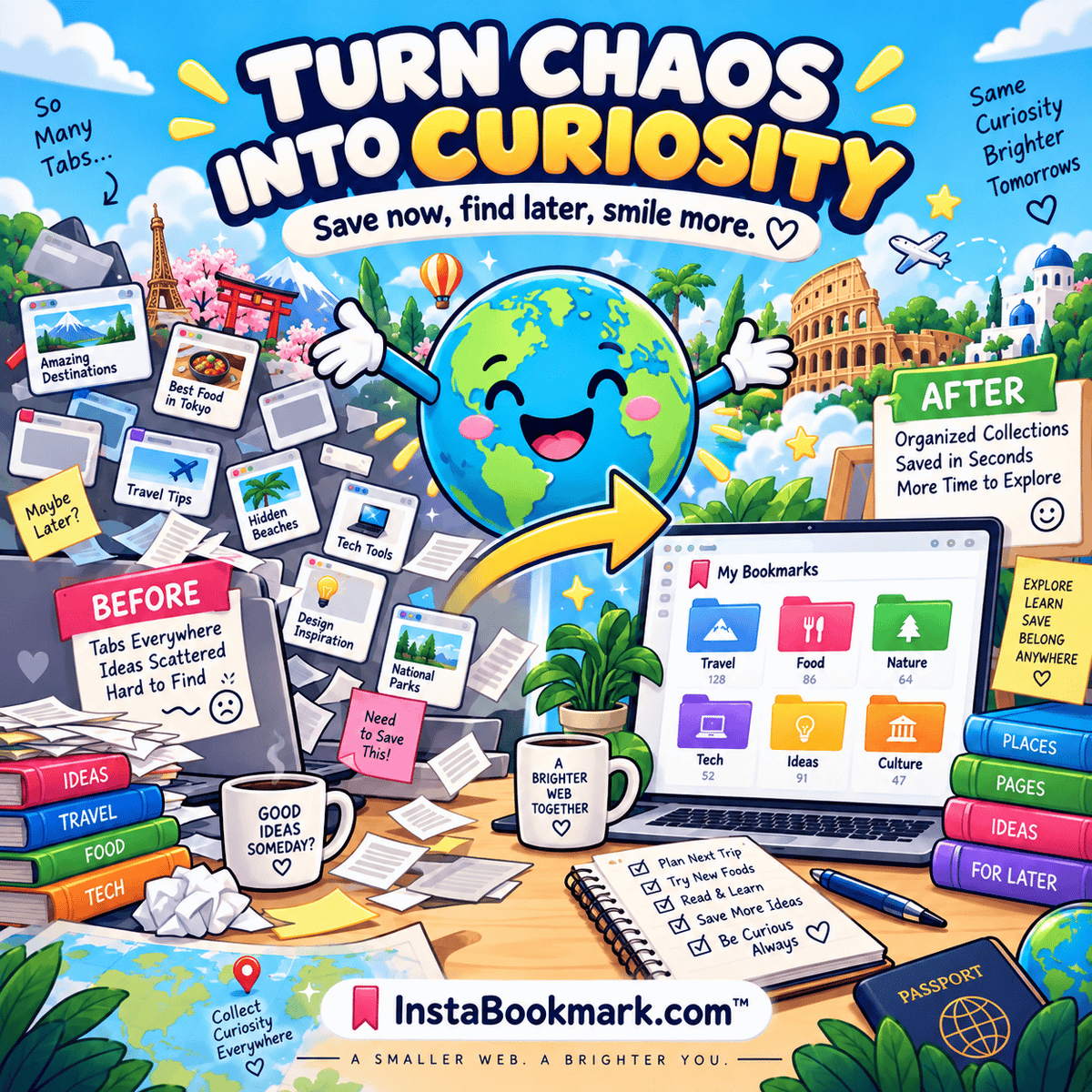 Turn chaos into curiosity: a cheerful illustrated globe surrounded by saved pages and colorful landmarks, branded InstaBookmark.com.