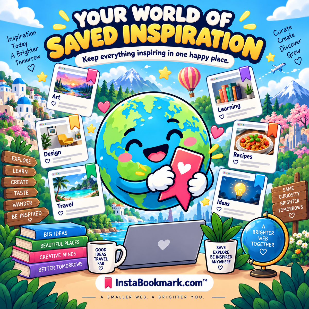 Your world of saved inspiration: a cheerful illustrated globe surrounded by saved pages and colorful landmarks, branded InstaBookmark.com.