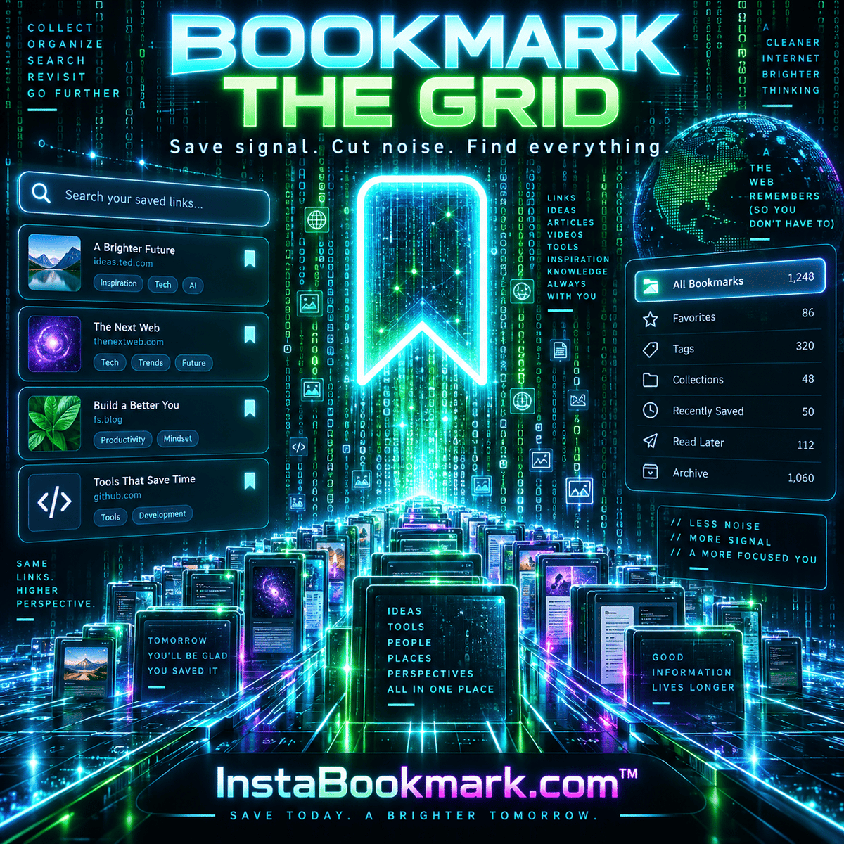 Bookmark the grid: glowing bookmarks and digital information in a green and cyan data matrix, branded InstaBookmark.com.