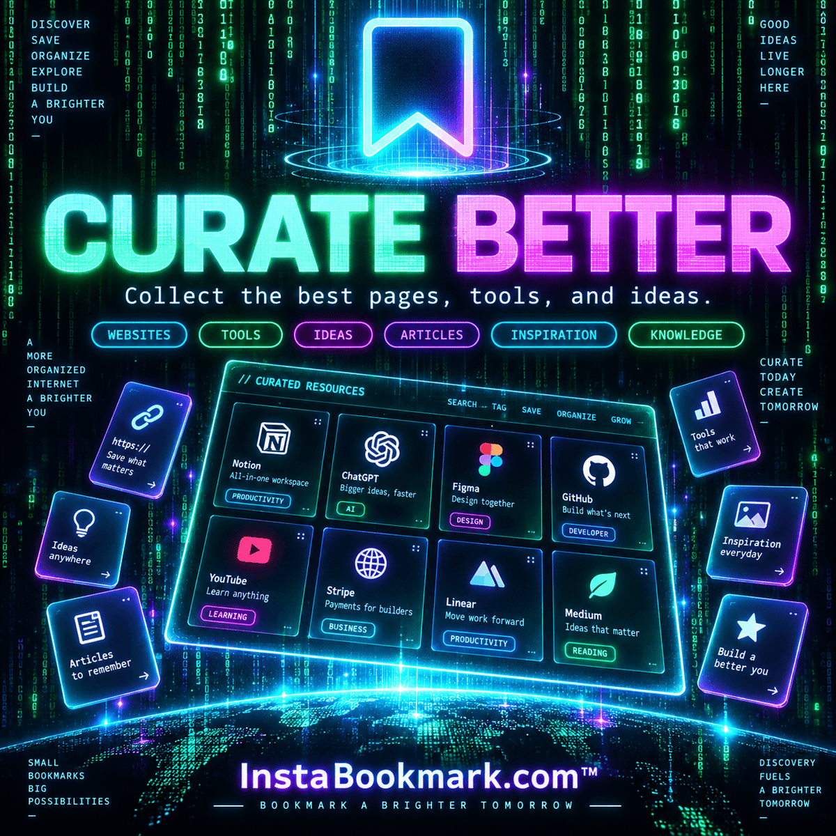 Curate better: glowing bookmarks and digital information in a green and cyan data matrix, branded InstaBookmark.com.