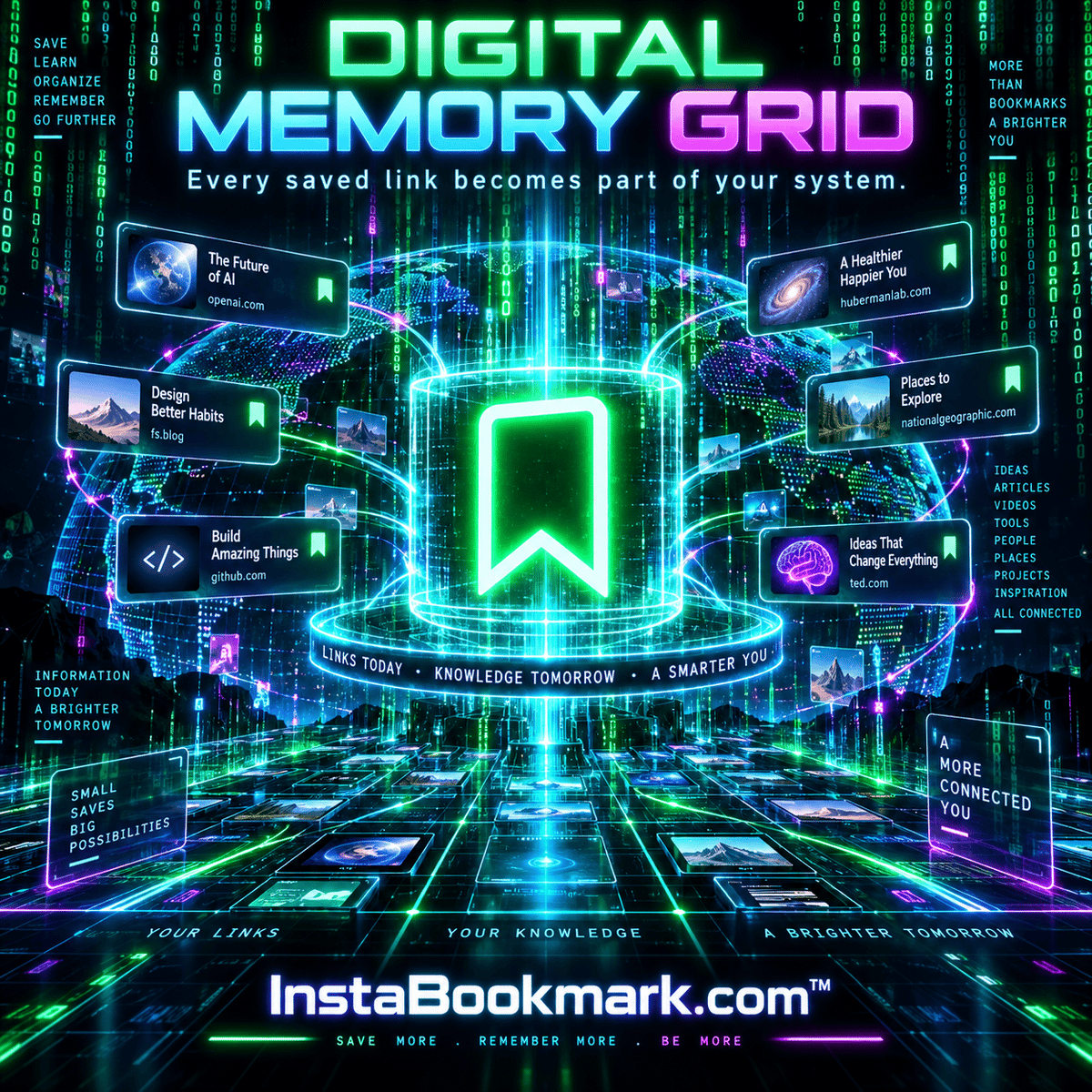 Digital memory grid: glowing bookmarks and digital information in a green and cyan data matrix, branded InstaBookmark.com.