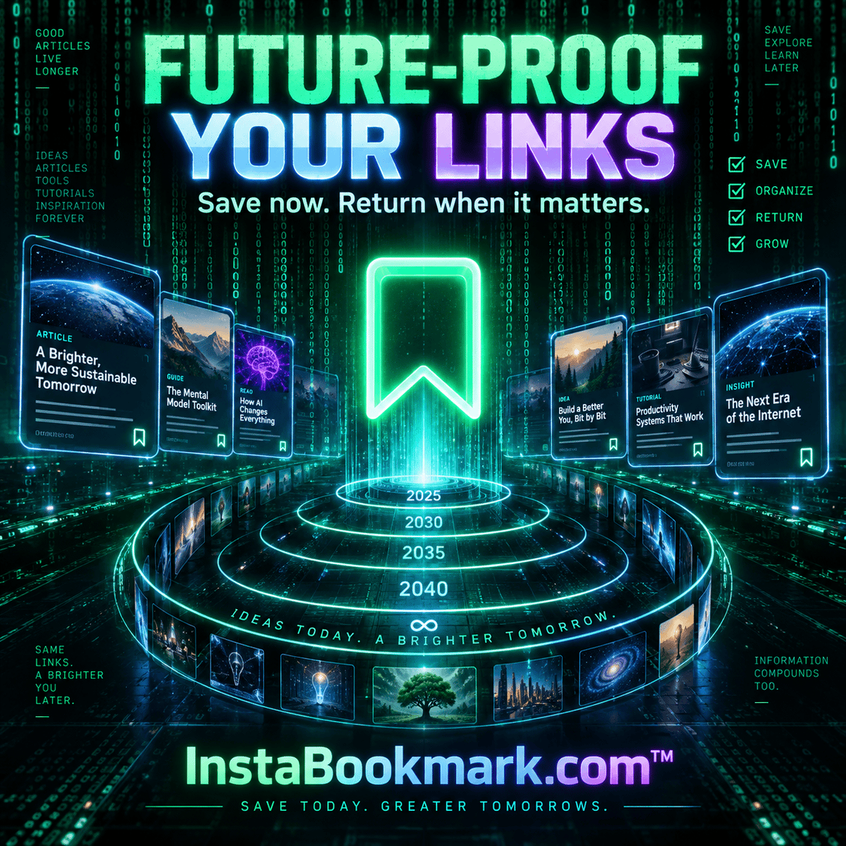Future-proof your links: glowing bookmarks and digital information in a green and cyan data matrix, branded InstaBookmark.com.