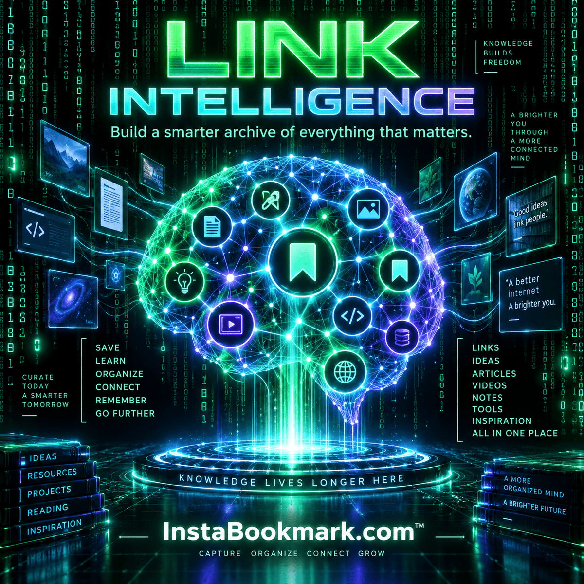 Link intelligence: glowing bookmarks and digital information in a green and cyan data matrix, branded InstaBookmark.com.