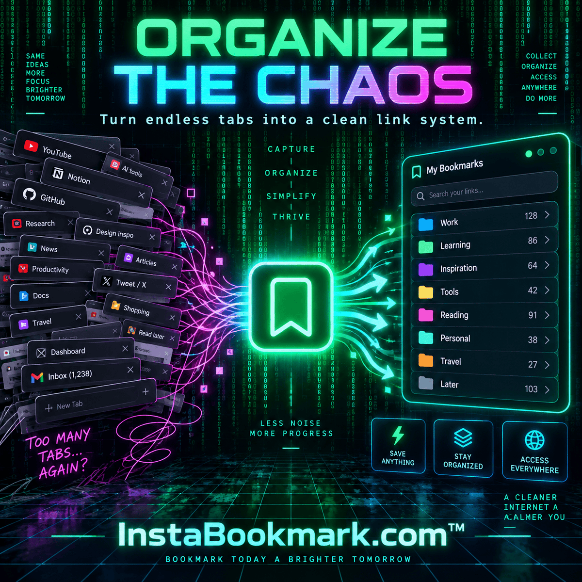 Organize the chaos: glowing bookmarks and digital information in a green and cyan data matrix, branded InstaBookmark.com.