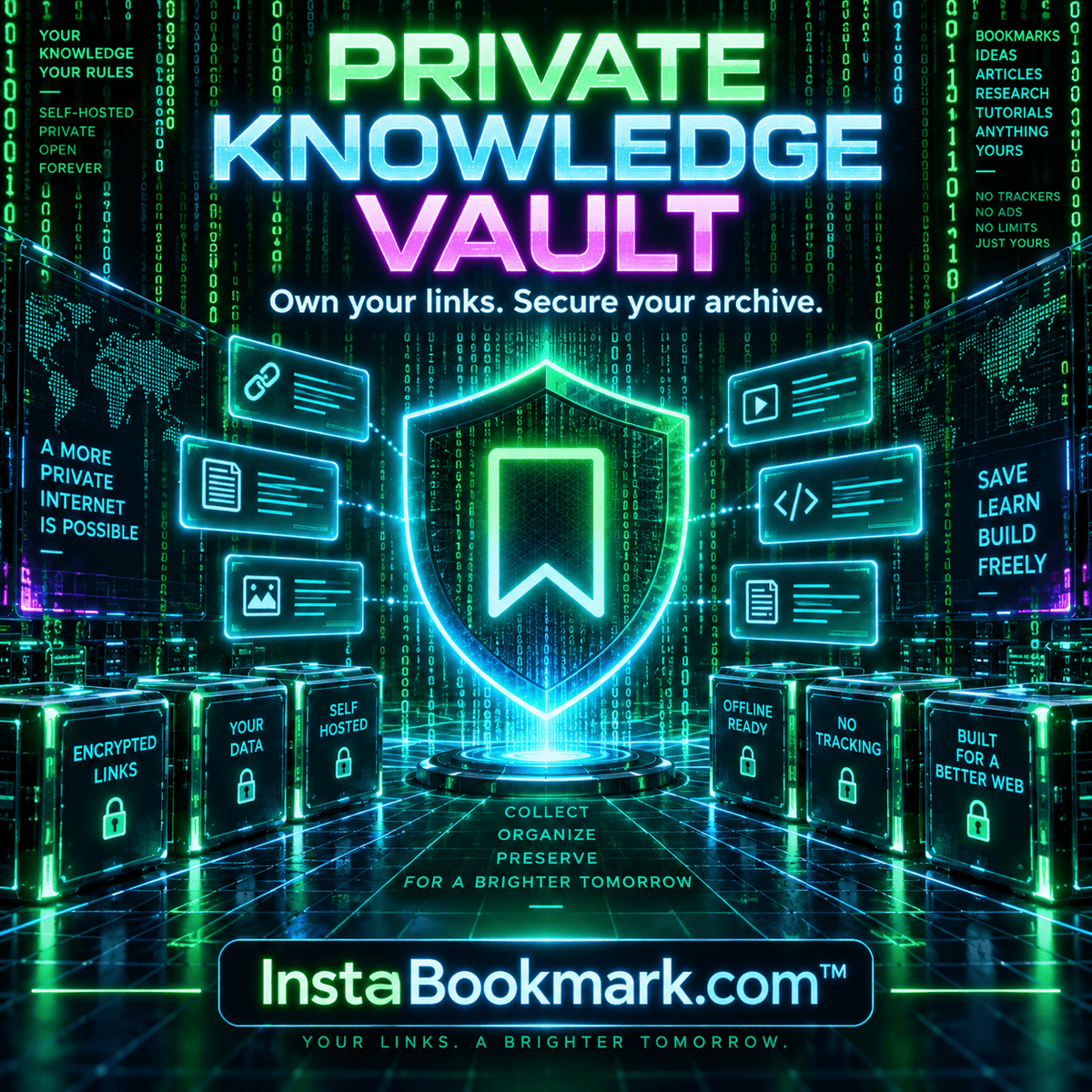 Private knowledge vault: glowing bookmarks and digital information in a green and cyan data matrix, branded InstaBookmark.com.