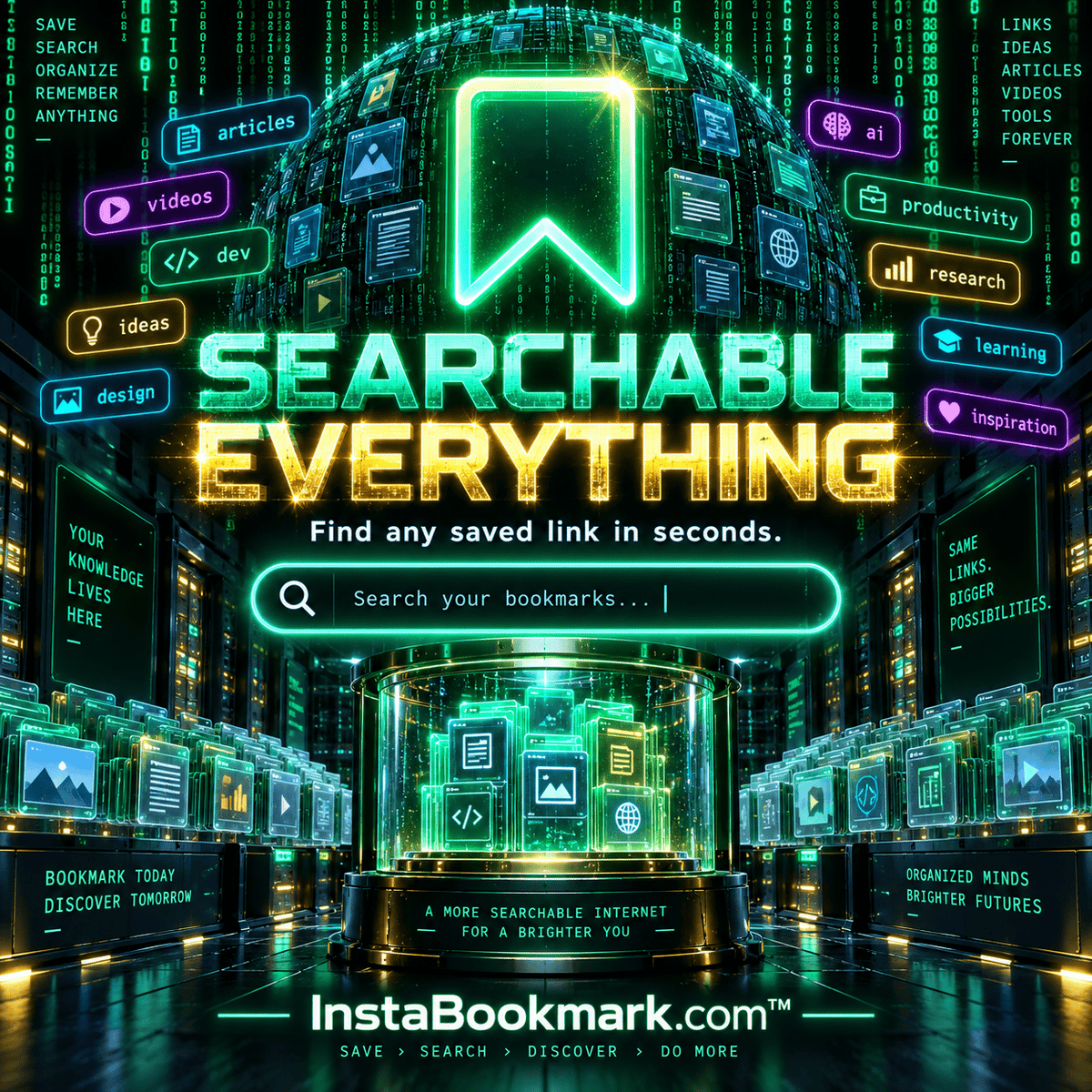 Searchable everything: glowing bookmarks and digital information in a green and cyan data matrix, branded InstaBookmark.com.