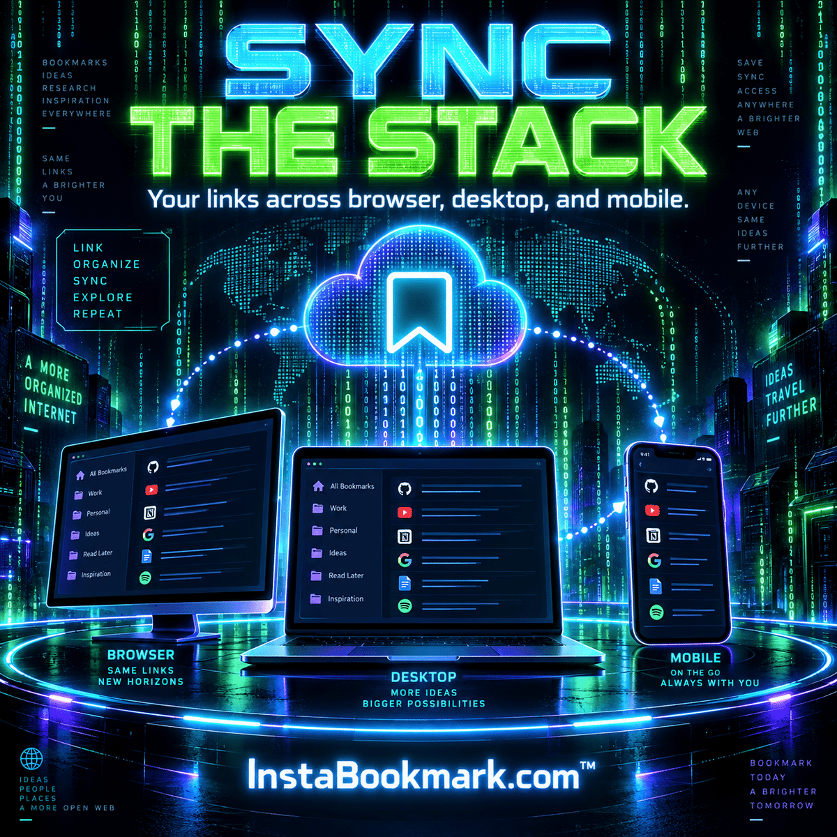 Sync the stack: glowing bookmarks and digital information in a green and cyan data matrix, branded InstaBookmark.com.