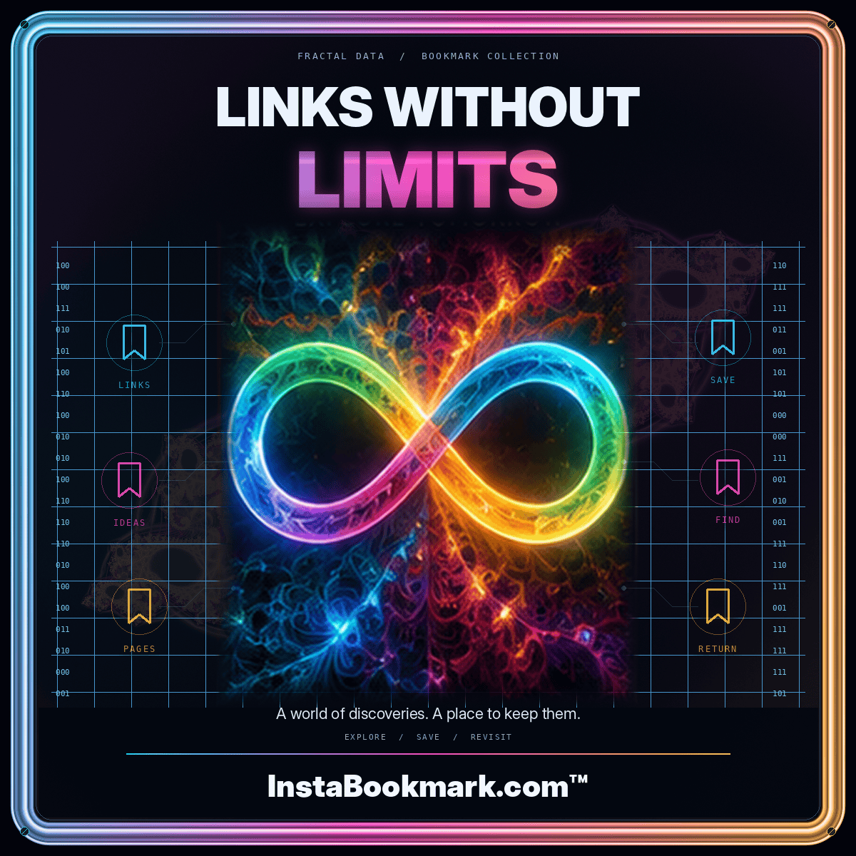 Links without limits: a luminous fractal bookmark illustration with a three-color metallic frame, branded InstaBookmark.com.