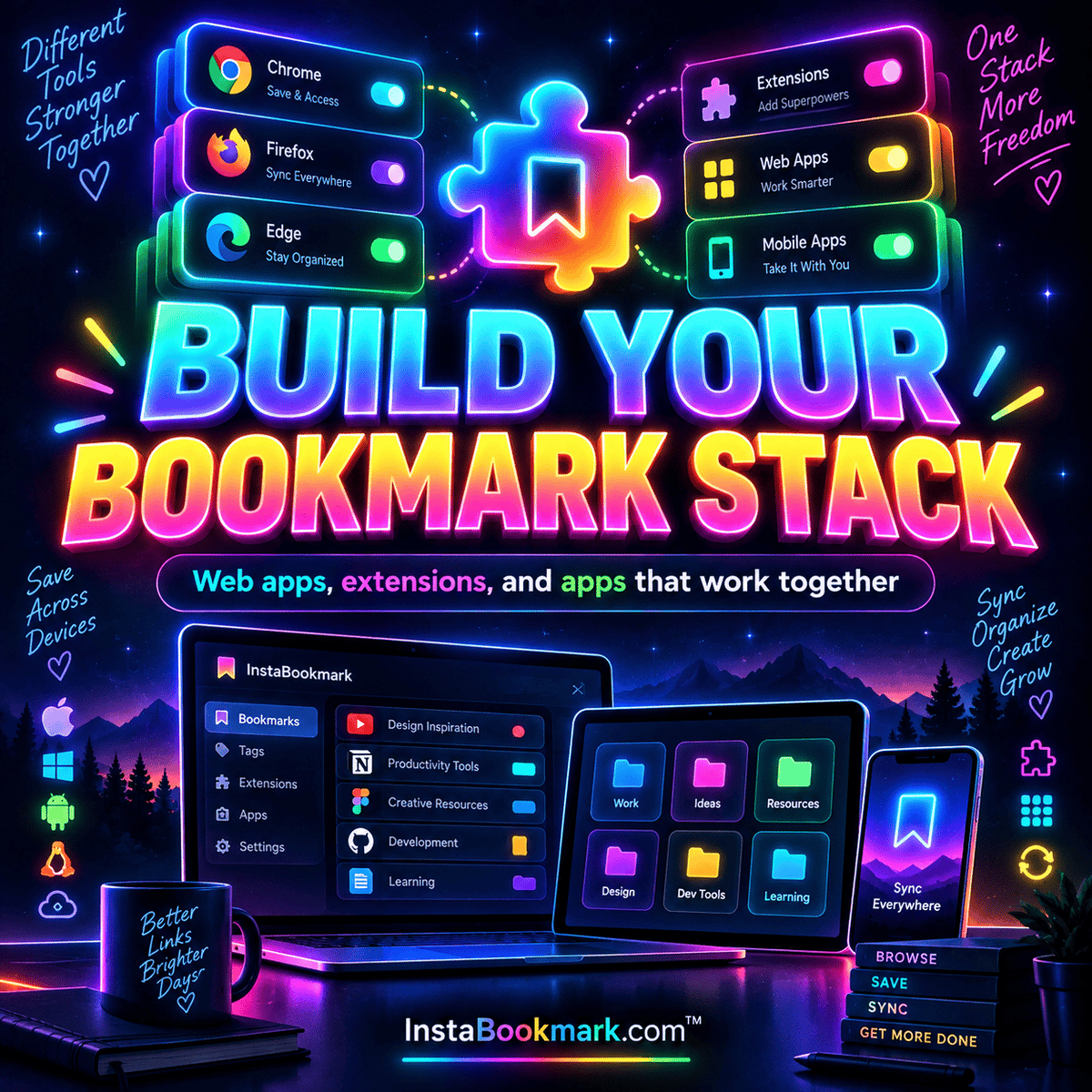 Build your bookmark stack: bold neon typography and colorful illustrations about organizing saved links, branded InstaBookmark.com.