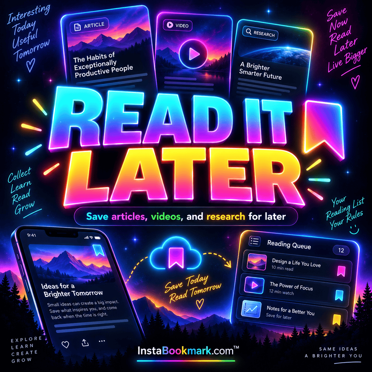 Read it later: bold neon typography and colorful illustrations about organizing saved links, branded InstaBookmark.com.