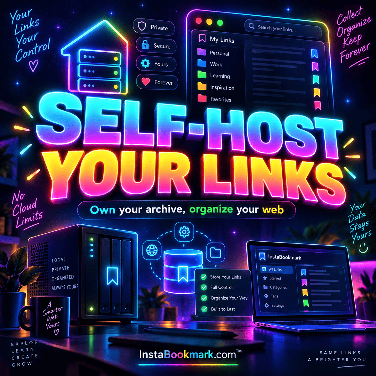 Self-host your links: bold neon typography and colorful illustrations about organizing saved links, branded InstaBookmark.com.