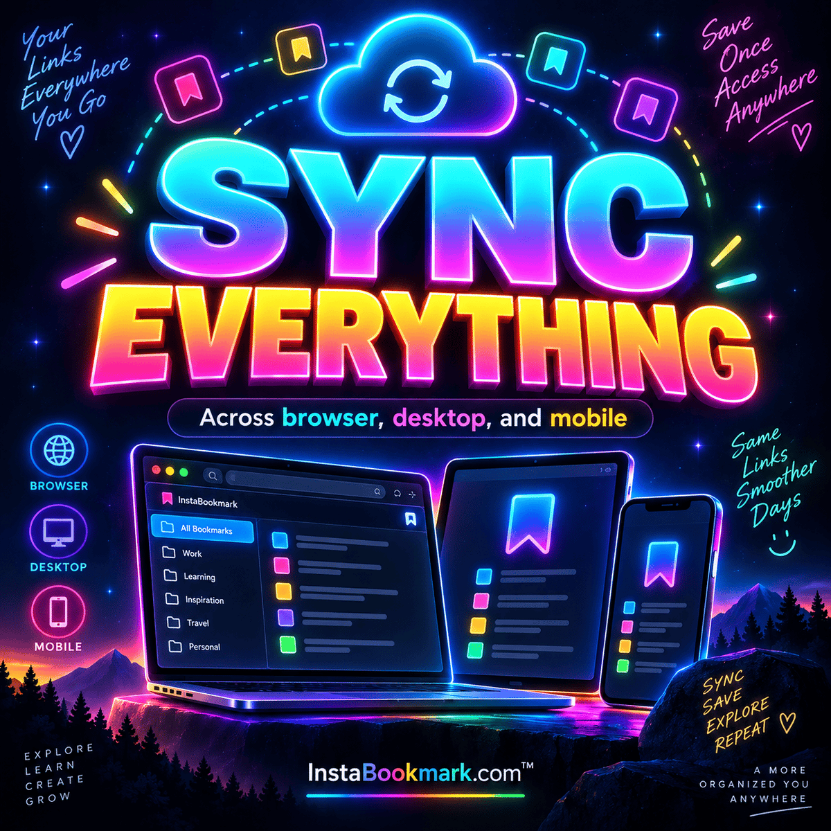 Sync everything: bold neon typography and colorful illustrations about organizing saved links, branded InstaBookmark.com.