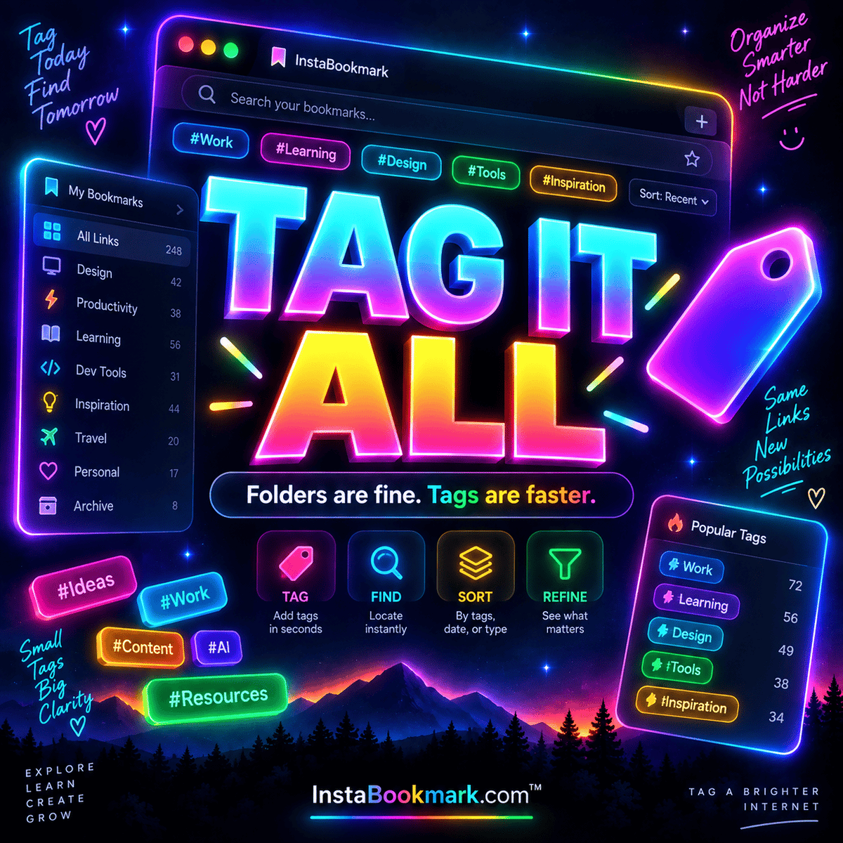 Tag it all: bold neon typography and colorful illustrations about organizing saved links, branded InstaBookmark.com.