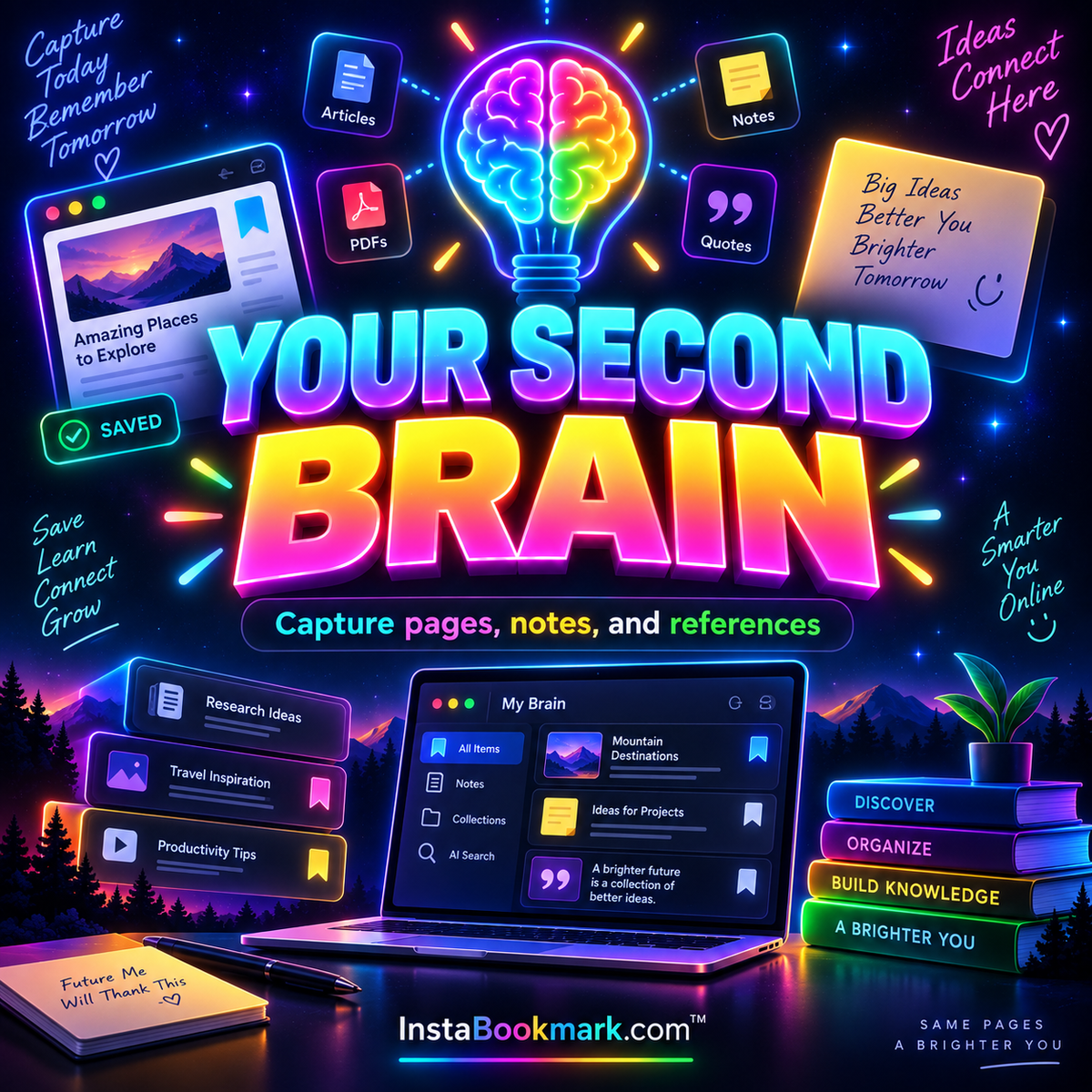 Your second brain: bold neon typography and colorful illustrations about organizing saved links, branded InstaBookmark.com.