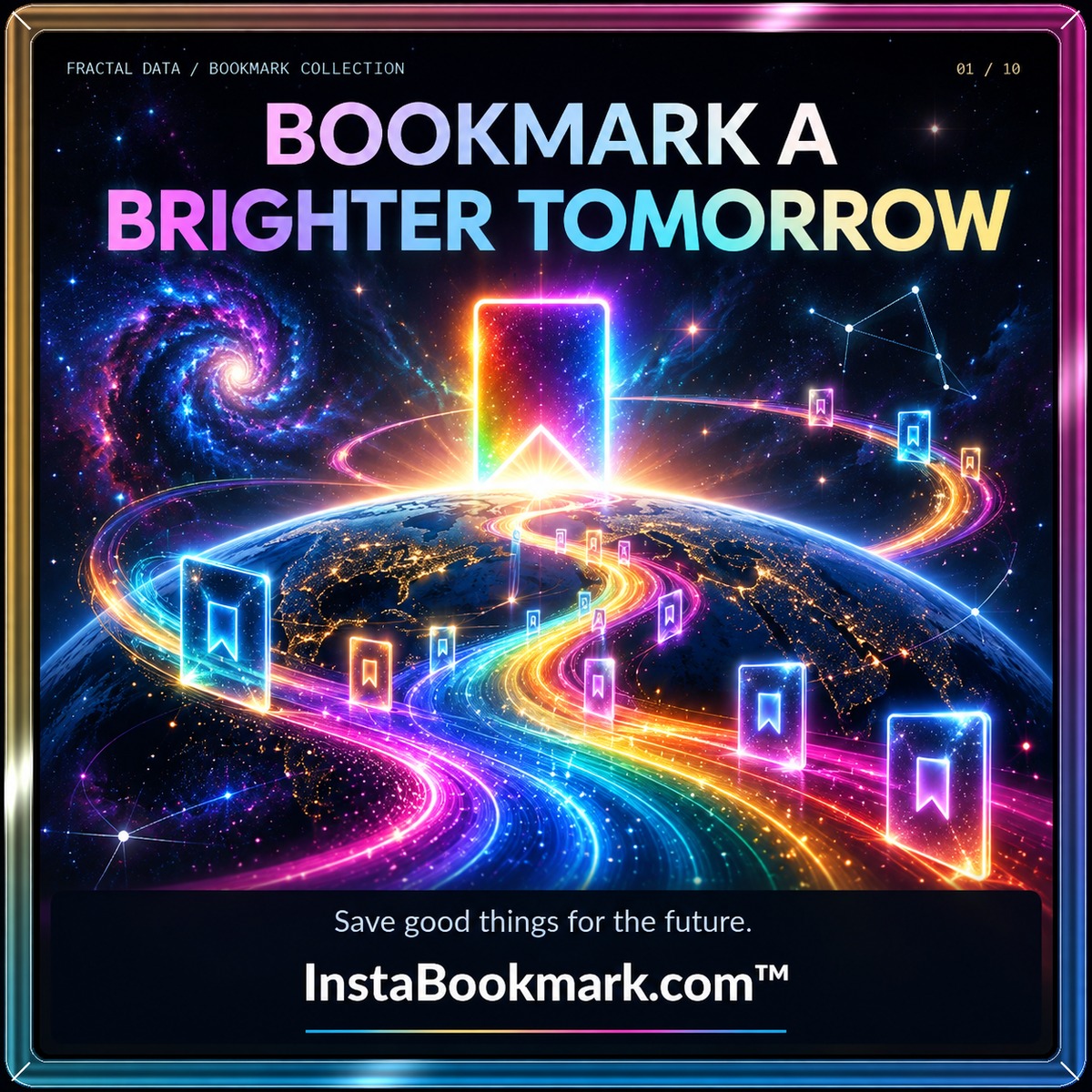 Bookmark a brighter tomorrow: rainbow light trails, floating bookmarks and a luminous digital library, branded InstaBookmark.com.