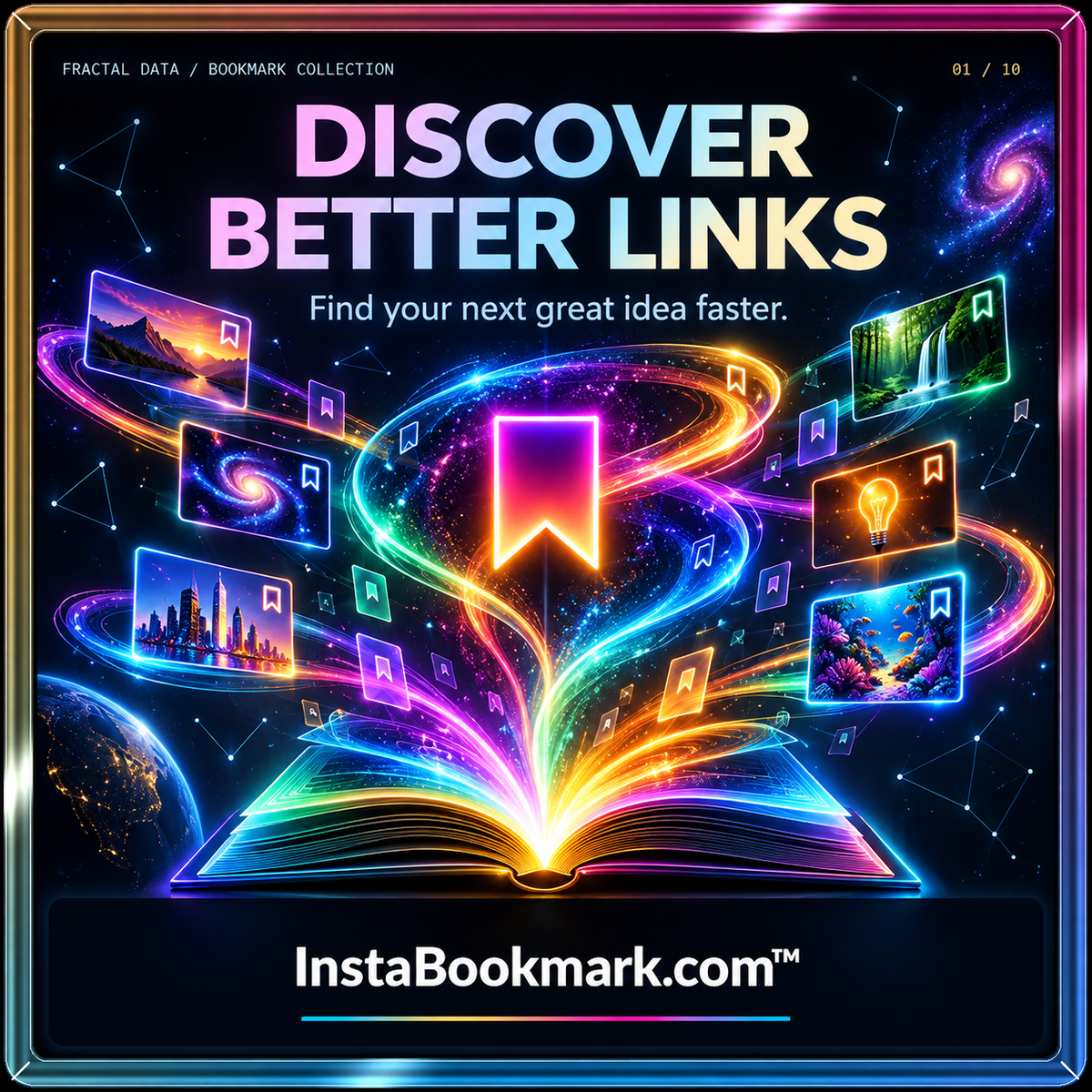 Discover better links: rainbow light trails, floating bookmarks and a luminous digital library, branded InstaBookmark.com.