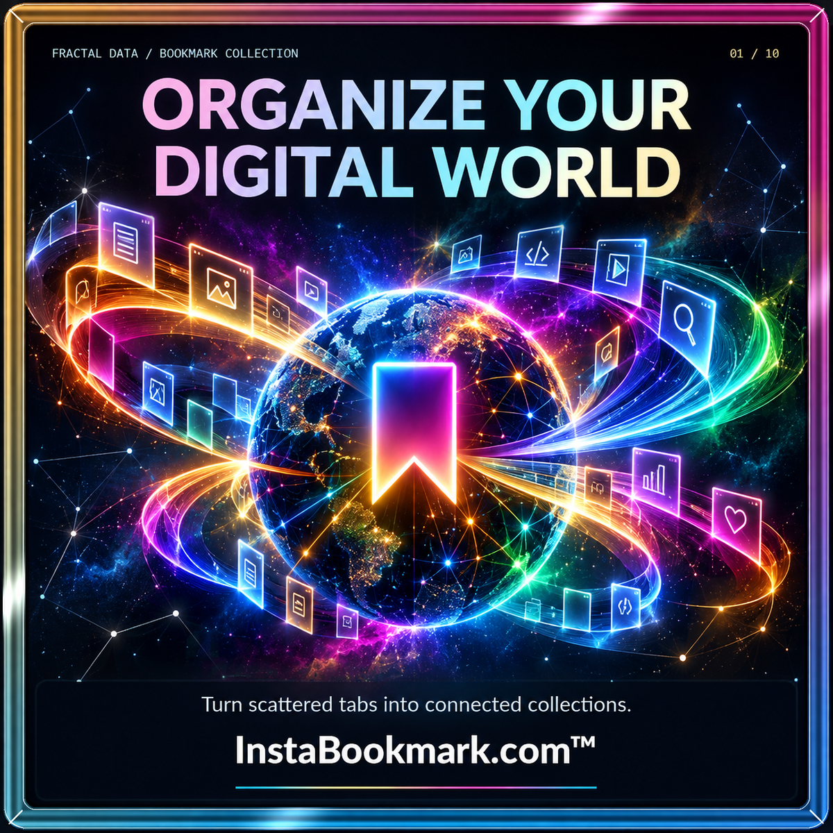 Organize your digital world: rainbow light trails, floating bookmarks and a luminous digital library, branded InstaBookmark.com.