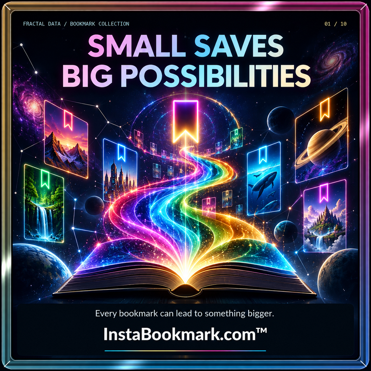 Small saves, big possibilities: rainbow light trails, floating bookmarks and a luminous digital library, branded InstaBookmark.com.